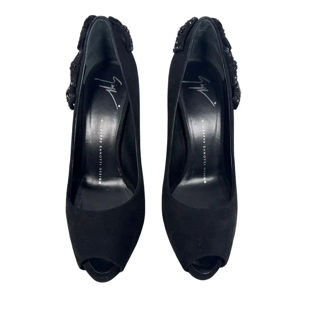 Giuseppe‎ Zanotti Black Suede Bow Embellished Peep Toe Stiletto Sandals 37 EU